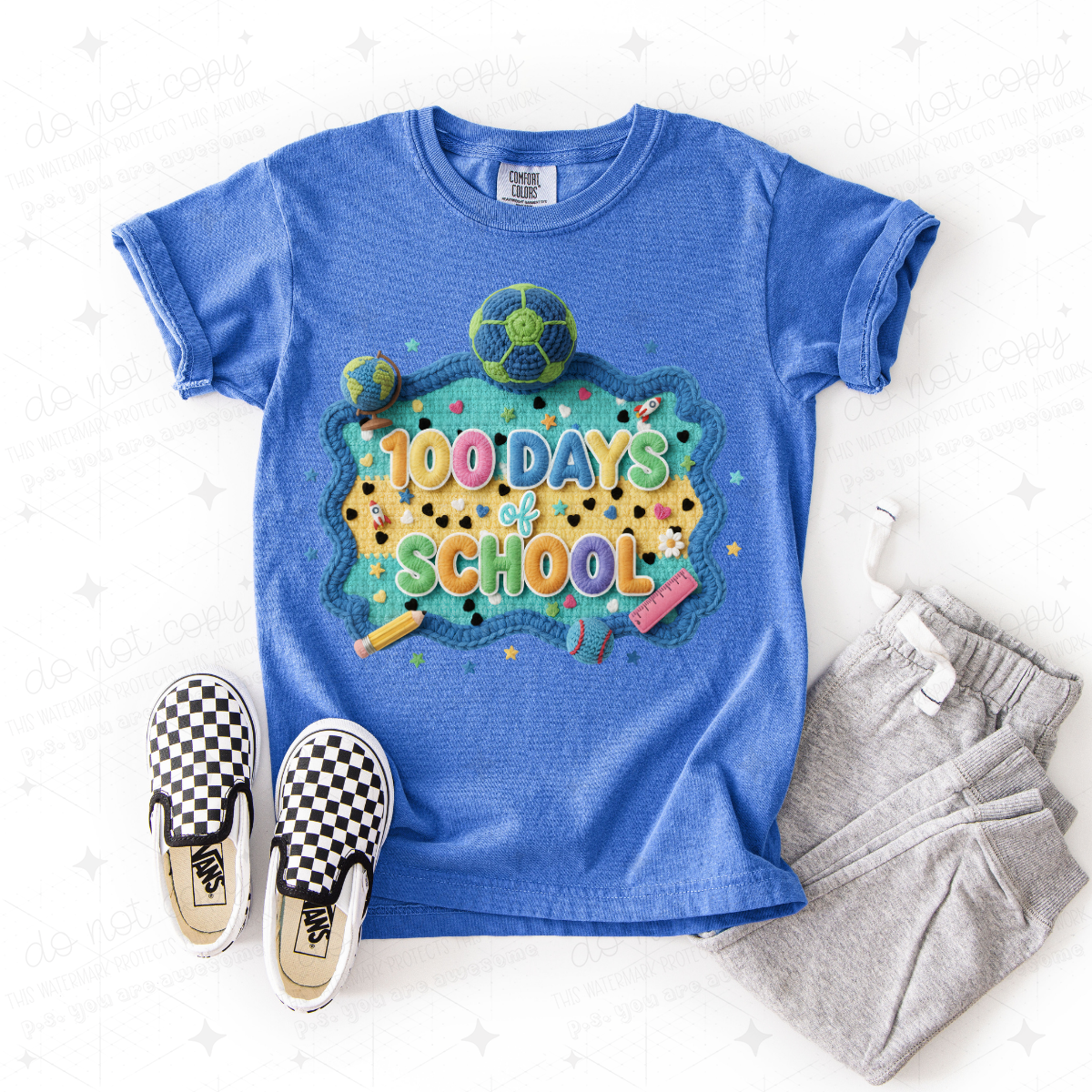 100 DAYS OF SCHOOL - BLUE AND GREEN BALL - FAUX YARN - DTF TRANSFER