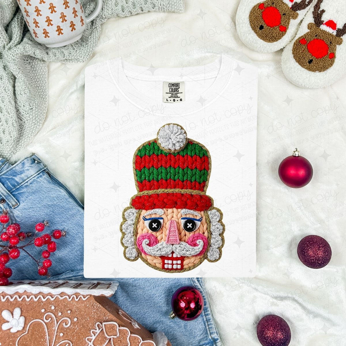 NUTCRACKER HEAD WITH A RED AND GREEN HAT - FAUX YARN - DTF TRANSFER