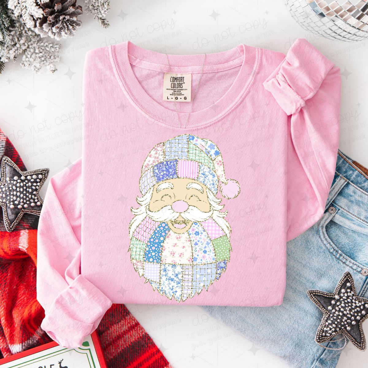 PASTEL PATCHWORK SANTA - FAUX GLITTER - DTF TRANSFER