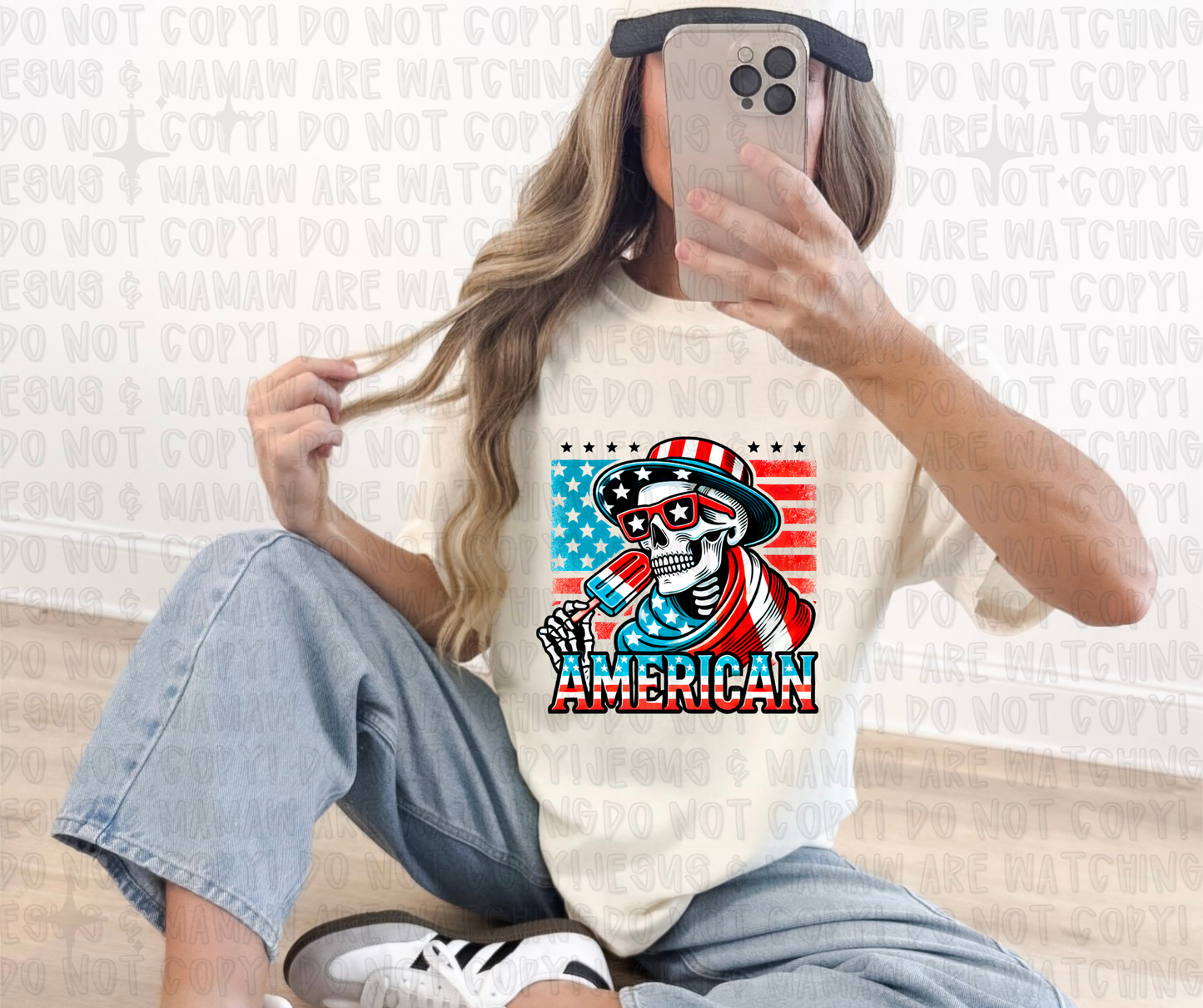 AMERICAN SKELLIE WITH FLAG - DTF TRANSFER