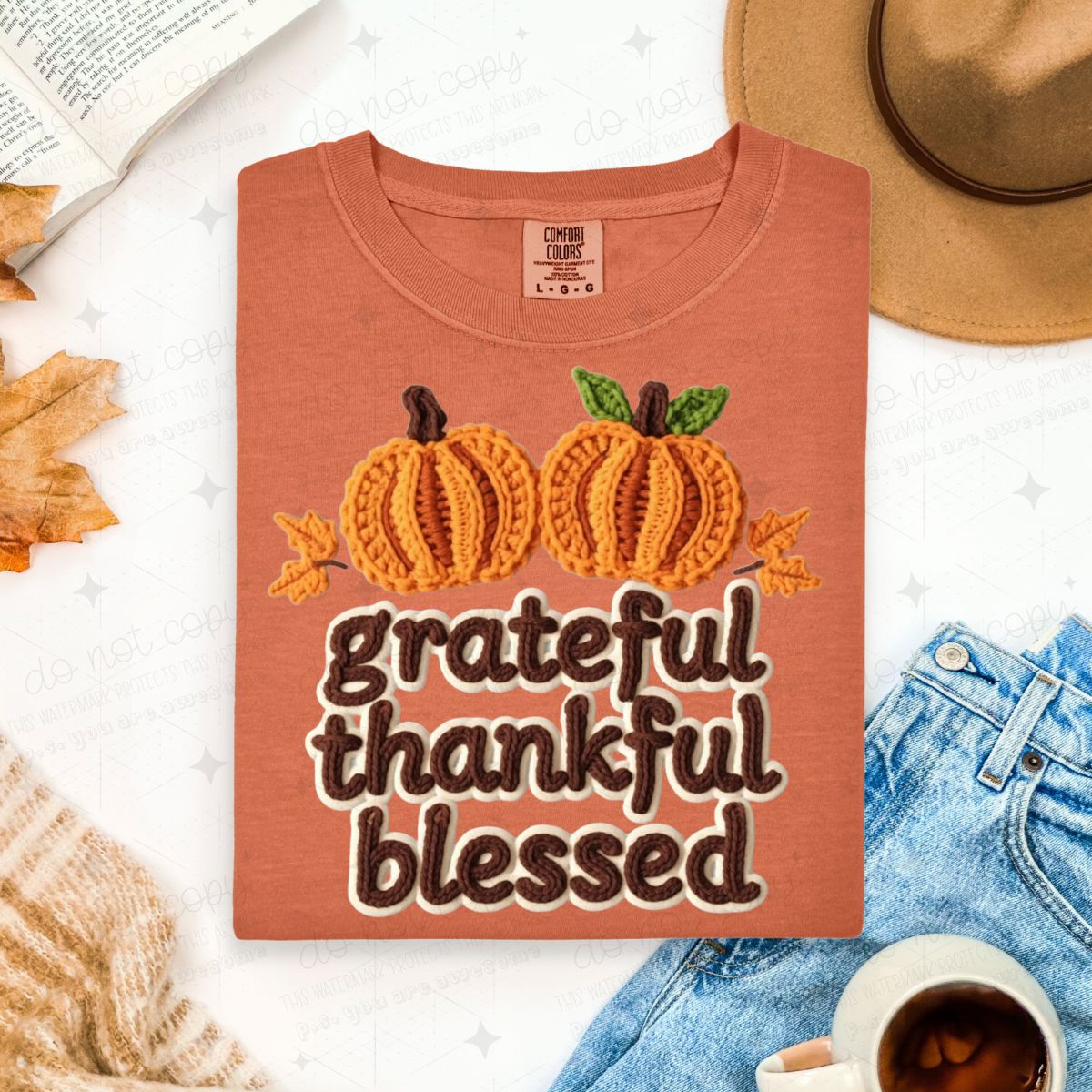 GRATEFUL THANKFUL BLESSED WITH PUMPKINS - FAUX YARN - DTF TRANSFER