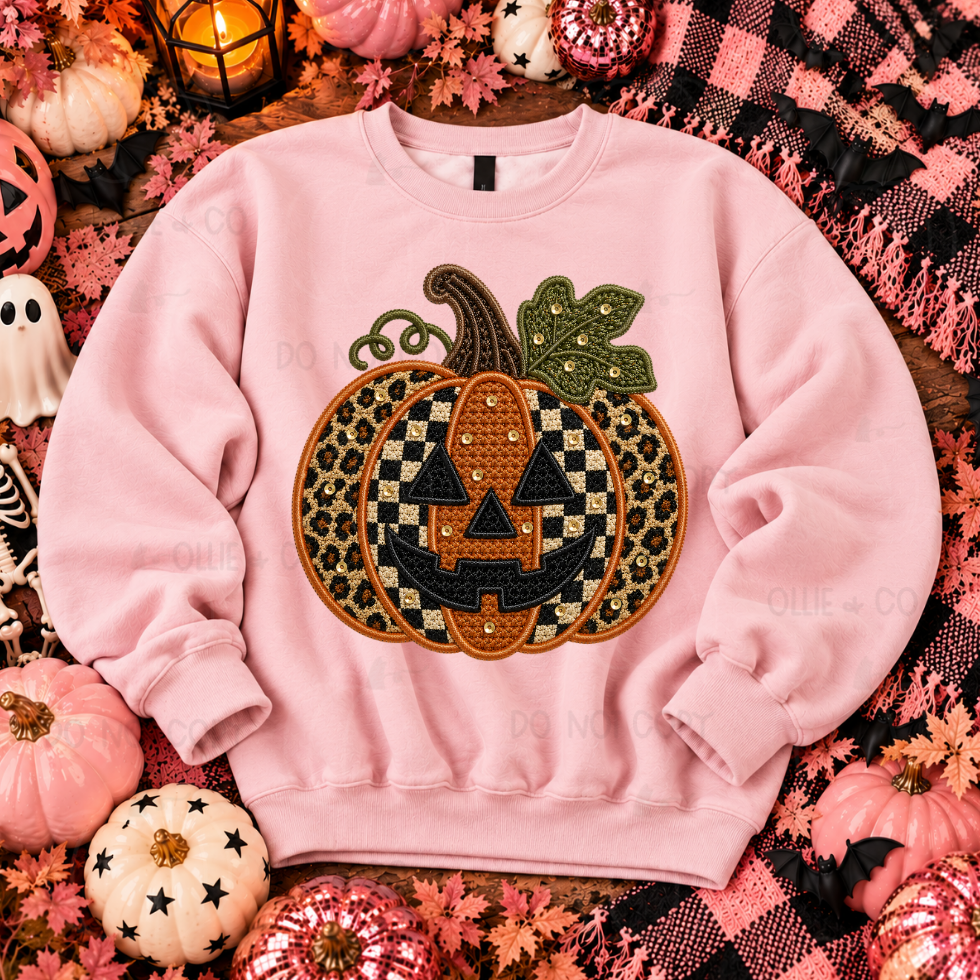 JACK O LANTERN CHECKERED LEOPARD - FAUX EMBROIDERY - DTF TRANSFER