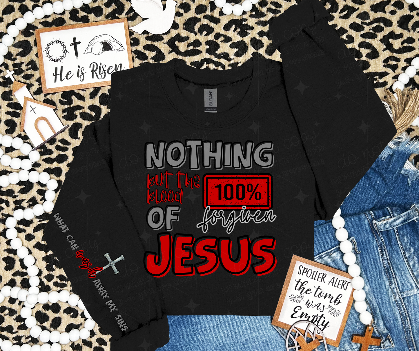 NOTHING BUT THE BLOOD OF JESUS - FRONT+SLEEVE - DTF TRANSFER