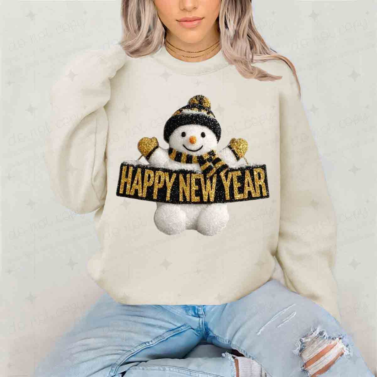 HAPPY NEW YEAR SNOWMAN - FAUX YARN + YARN GLITTER - DTF TRANSFER
