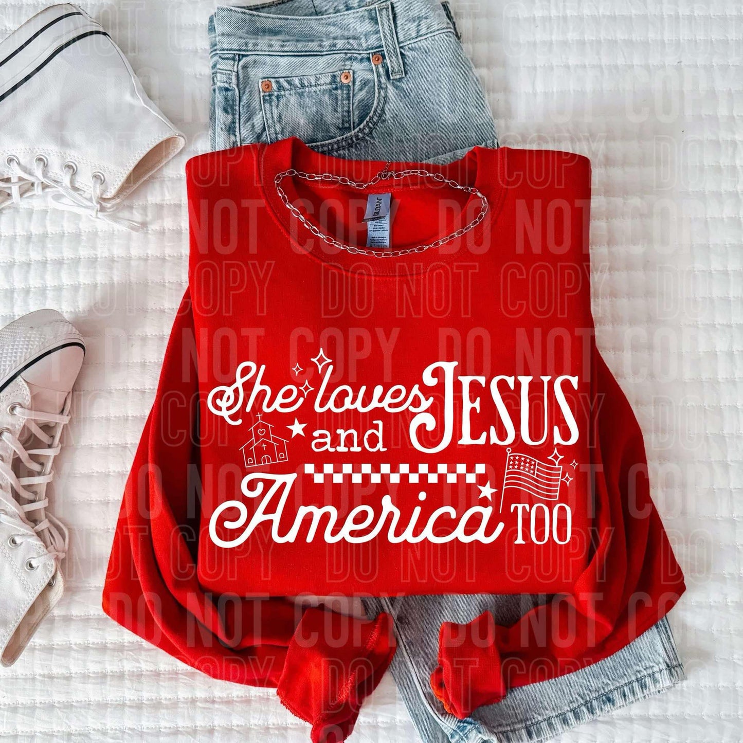 SHE LOVES JESUS AND AMERICA TOO - OLLIE & CO EXCLUSIVE - DTF TRANSFER