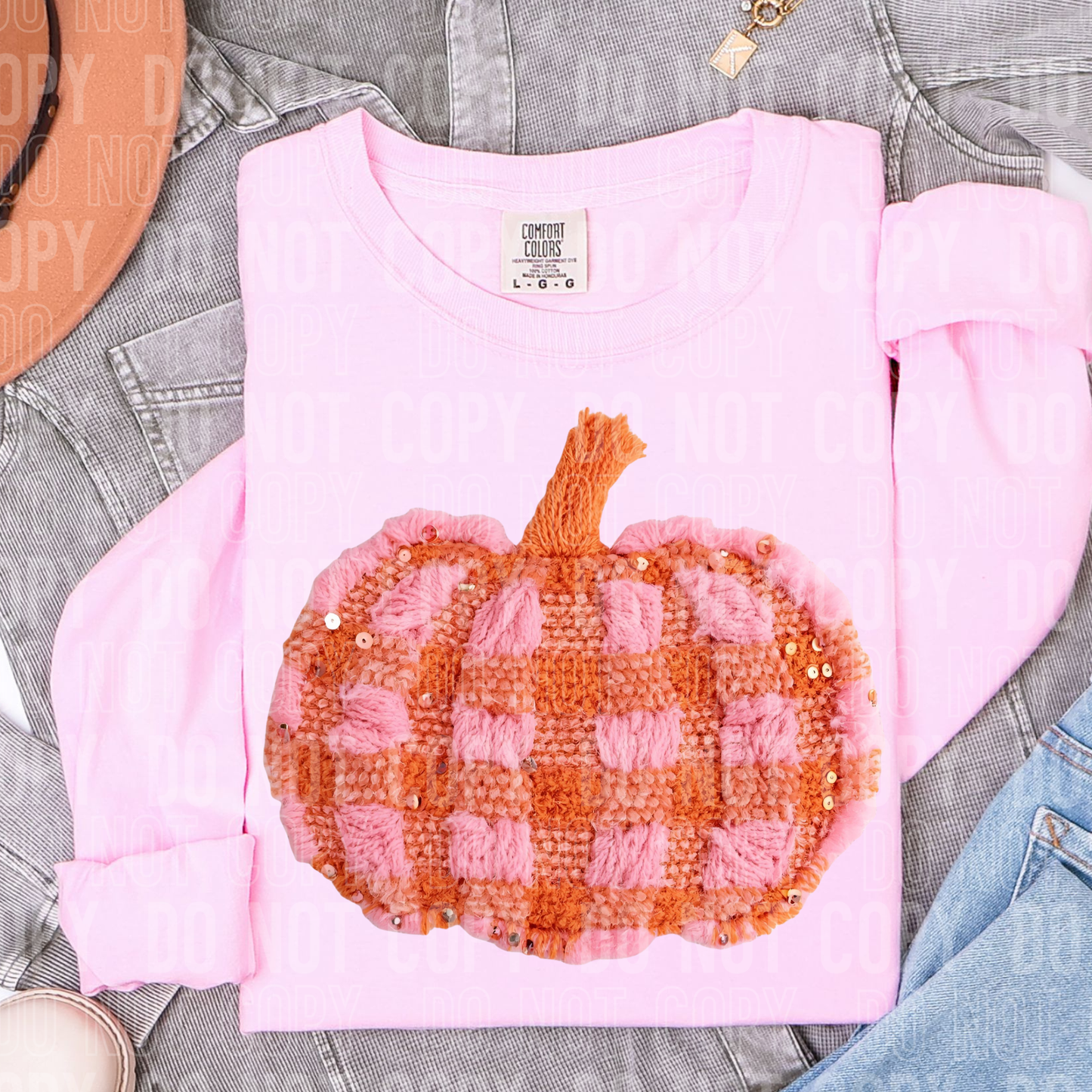 PINK ORANGE PLAID PUMPKIN FAUX YARN - DTF TRANSFER