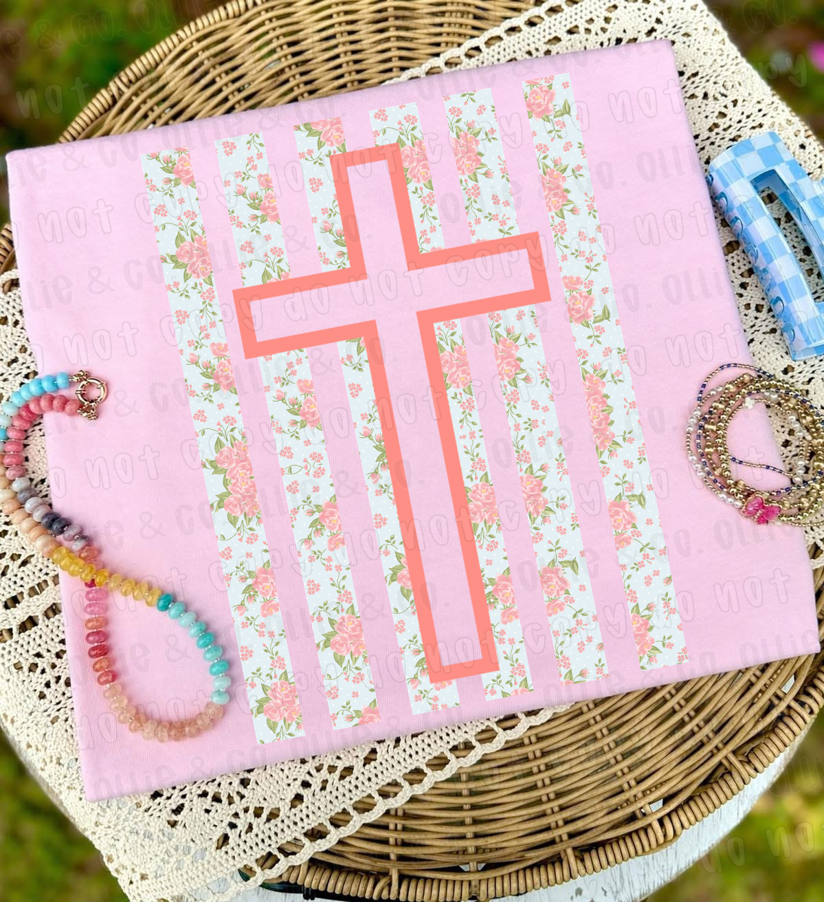 PEACH CROSS FLORAL STRIPES - DTF TRANSFER