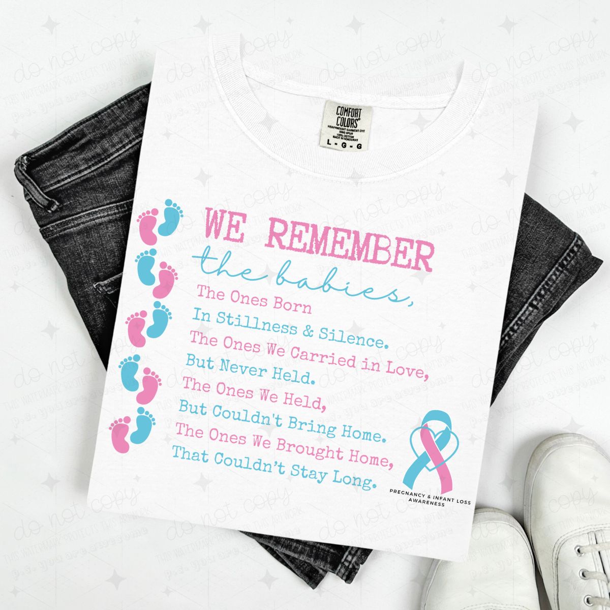 WE REMEMBER THE BABIES - PINK AND BLUE TEXT AND FOOTPRINTS - DTF TRANSFER