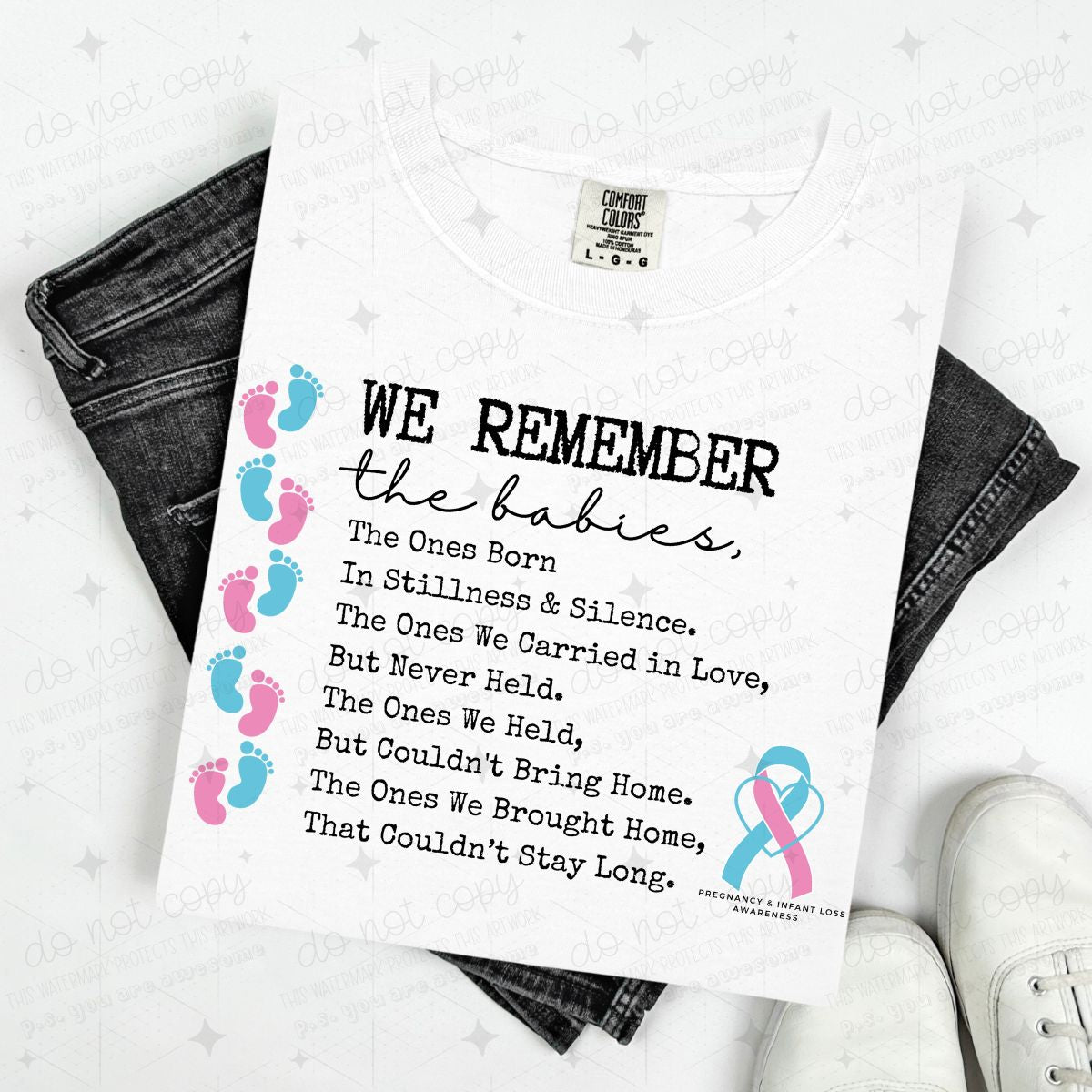 WE REMEMBER THE BABIES - BLACK TEXT/PINK AND BLUE FOOTPRINTS - DTF TRANSFER