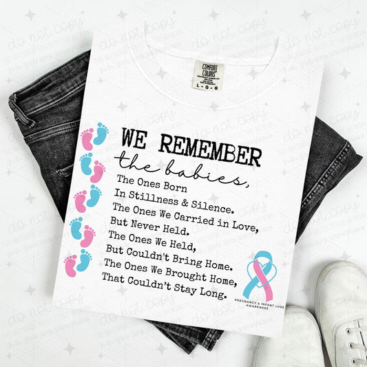 WE REMEMBER THE BABIES - BLACK TEXT/PINK AND BLUE FOOTPRINTS - DTF TRANSFER