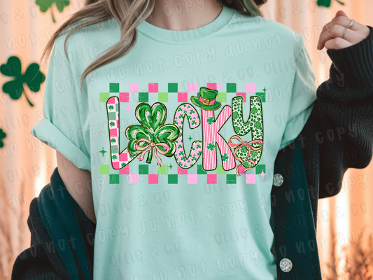 LUCKY PINK & GREEN CHECKER - DTF TRANSFER