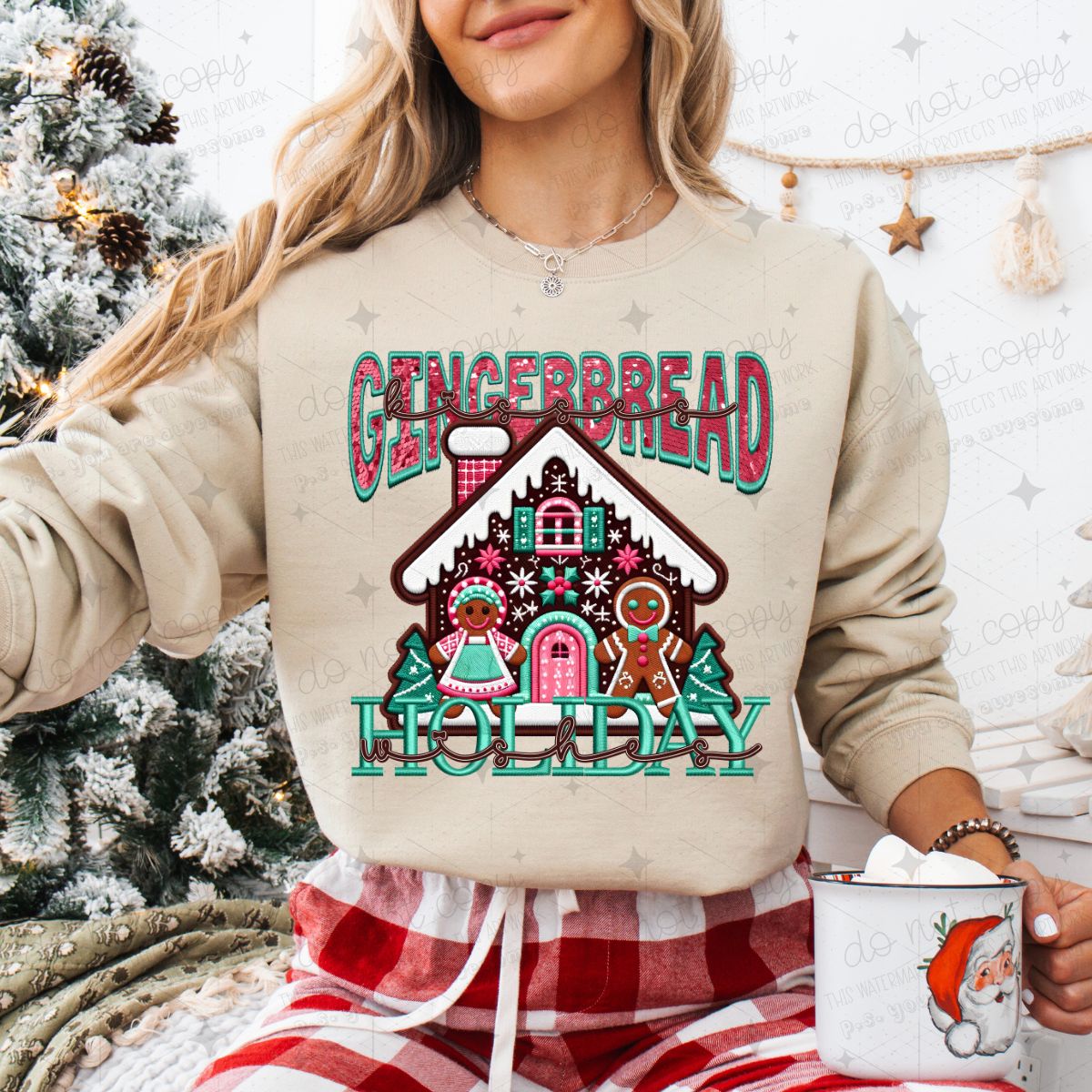 GINGERBREAD KISSES HOLIDAY WISHES - FAUX EMBROIDERY - DTF TRANSFER