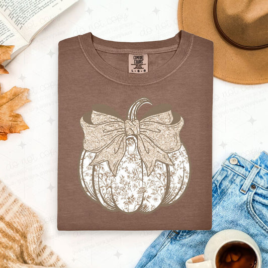 COQUETTE TAN FLORAL PUMPKIN - FAUX GLITTER - DTF TRANSFER