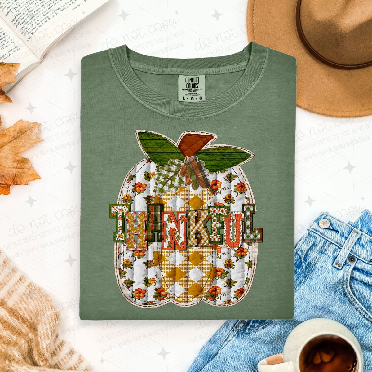 PATCHWORK THANKFUL WITH A FLORAL PUMPKIN - DTF TRANSFER