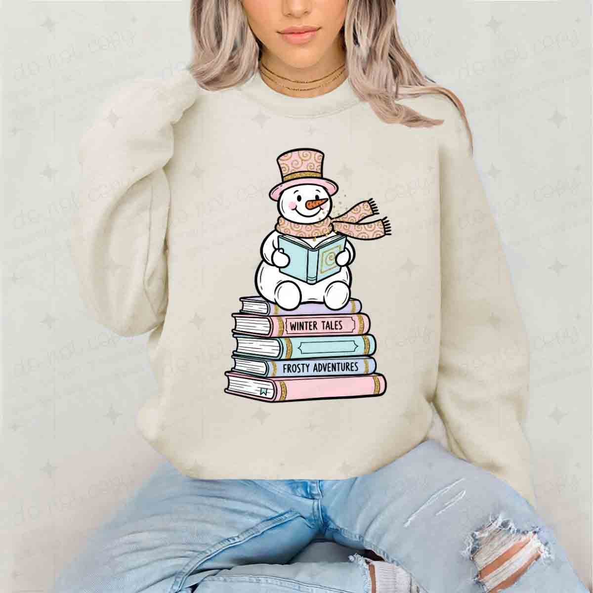 SNOWMAN READING ON STACK OF BOOKS - DTF TRANSFER