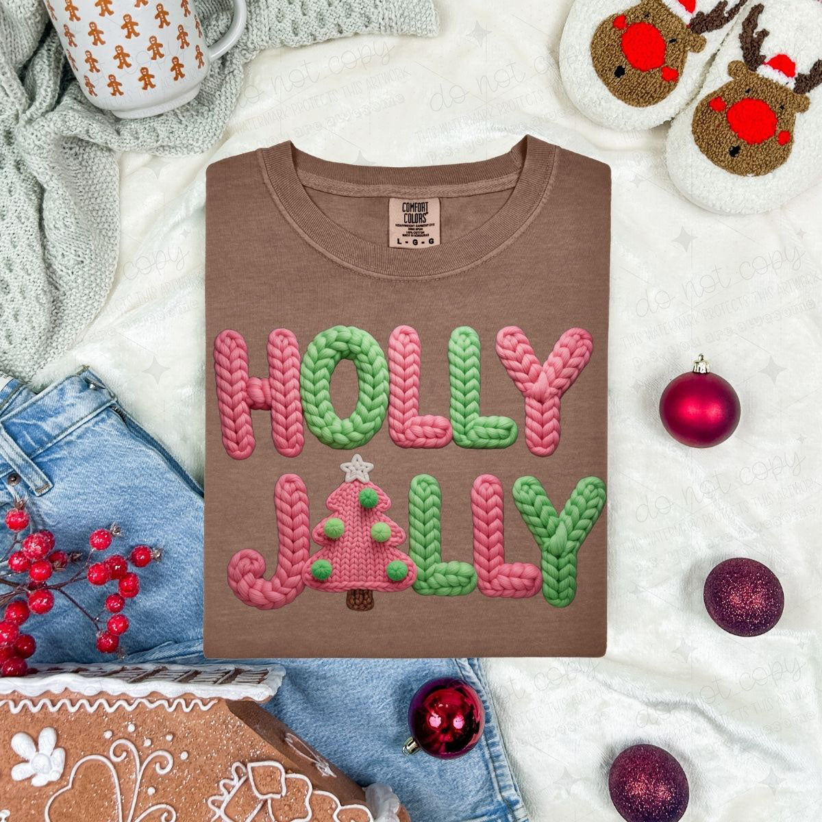 PINK AND GREEN HOLLY JOLLY - FAUX YARN - DTF TRANSFER