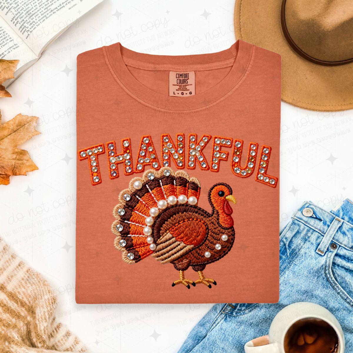 THANKFUL TURKEY - FAUX YARN/FAUX RHINESTONES/PEARLS - DTF TRANSFER