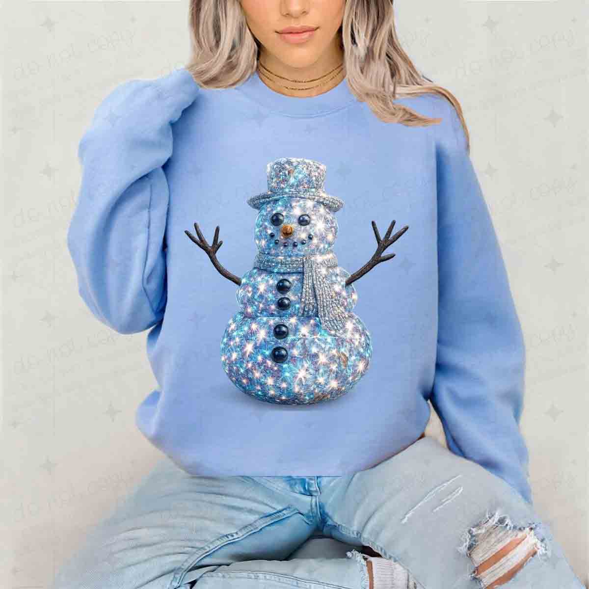 IRIDESCENT BLUE SNOWMAN - FAUX RHINESTONES - DTF TRANSFER