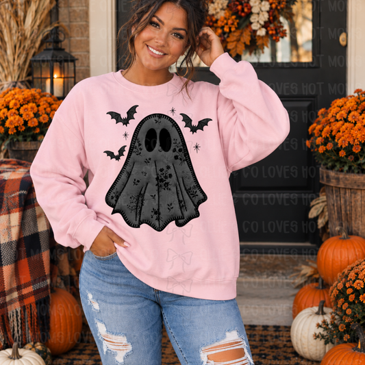 BLACK STITCHED GHOST - FAUX EMBROIDERED - DTF TRANSFER