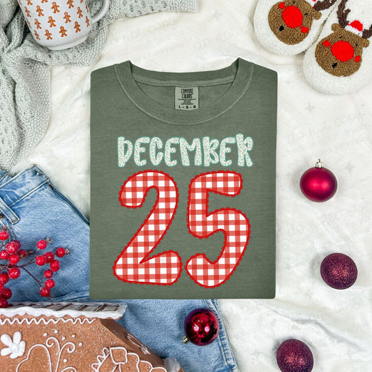 DECEMBER 25 RED CHECKERED LETTERS AND LACE OUTLINE - FAUX LACE - DTF TRANSFER