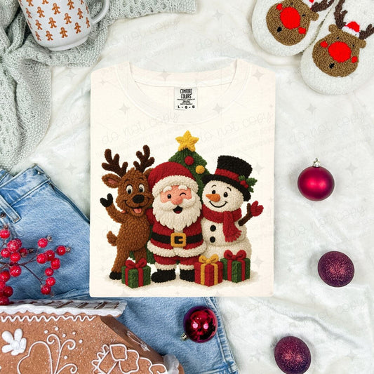 REINDEER SANTA AND SNOWMAN HUG - FAUX YARN - DTF TRANSFER