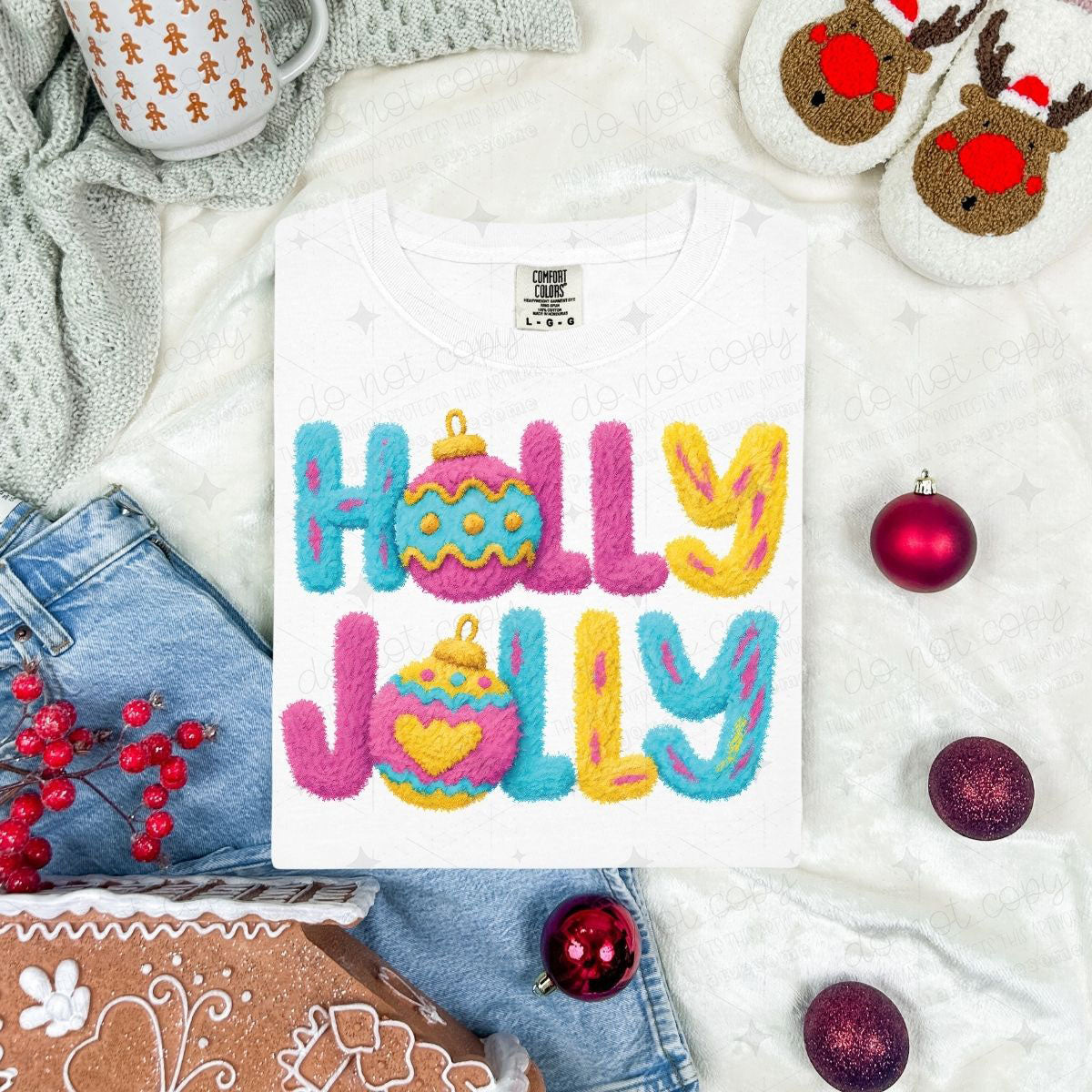 HOLLY JOLLY WITH ORNAMENTS - FAUX YARN - DTF TRANSFER