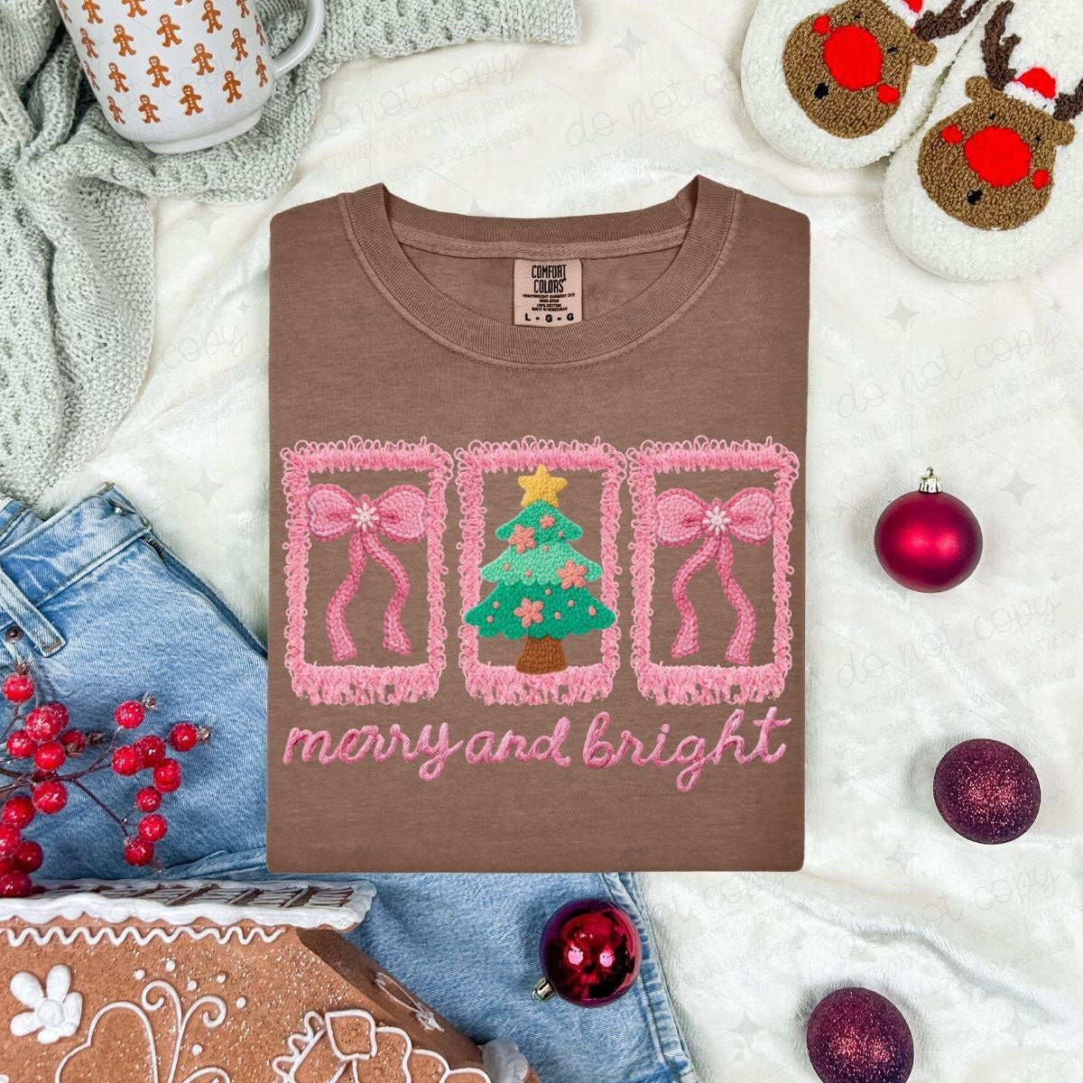 COQUETTE PINK MERRY AND BRIGHT - CHRISTMAS TREE WITH BOWS - FAUX YARN - DTF TRANSFER