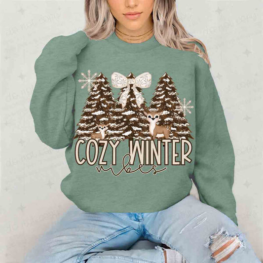 COQUETTE COZY WINTER VIBES - W/ SNOW COVERED TREES + DEER - DTF TRANSFER