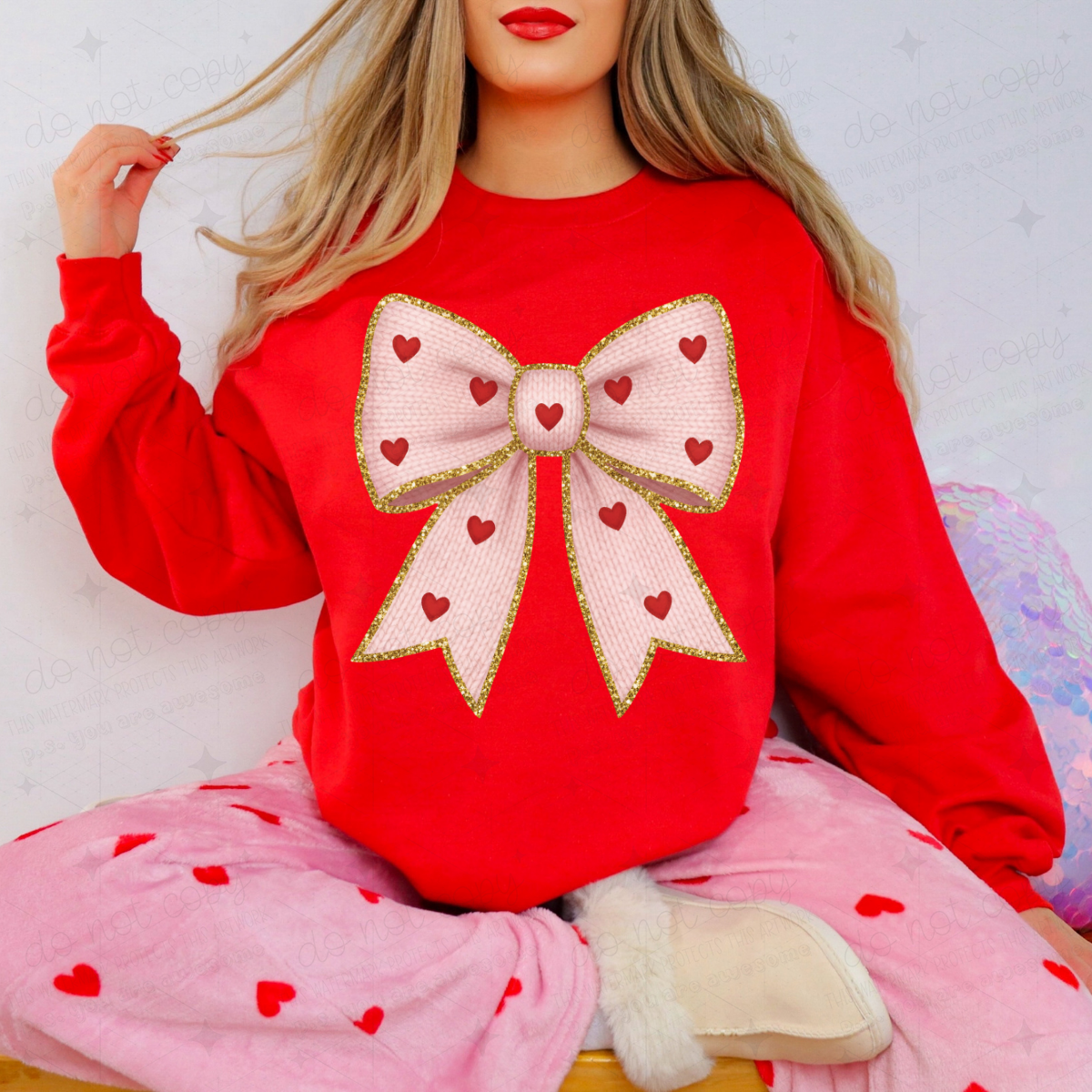 COQUETTE LIGHT PINK BOW WITH RED HEARTS - FAUX YARN/FAUX GLITTER - DTF TRANSFER