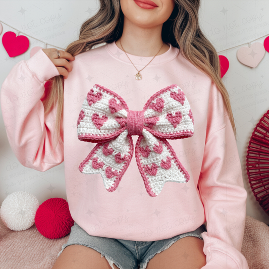 COQUETTE WHITE BOW WITH PINKS HEARTS - FAUX YARN - DTF TRANSFER