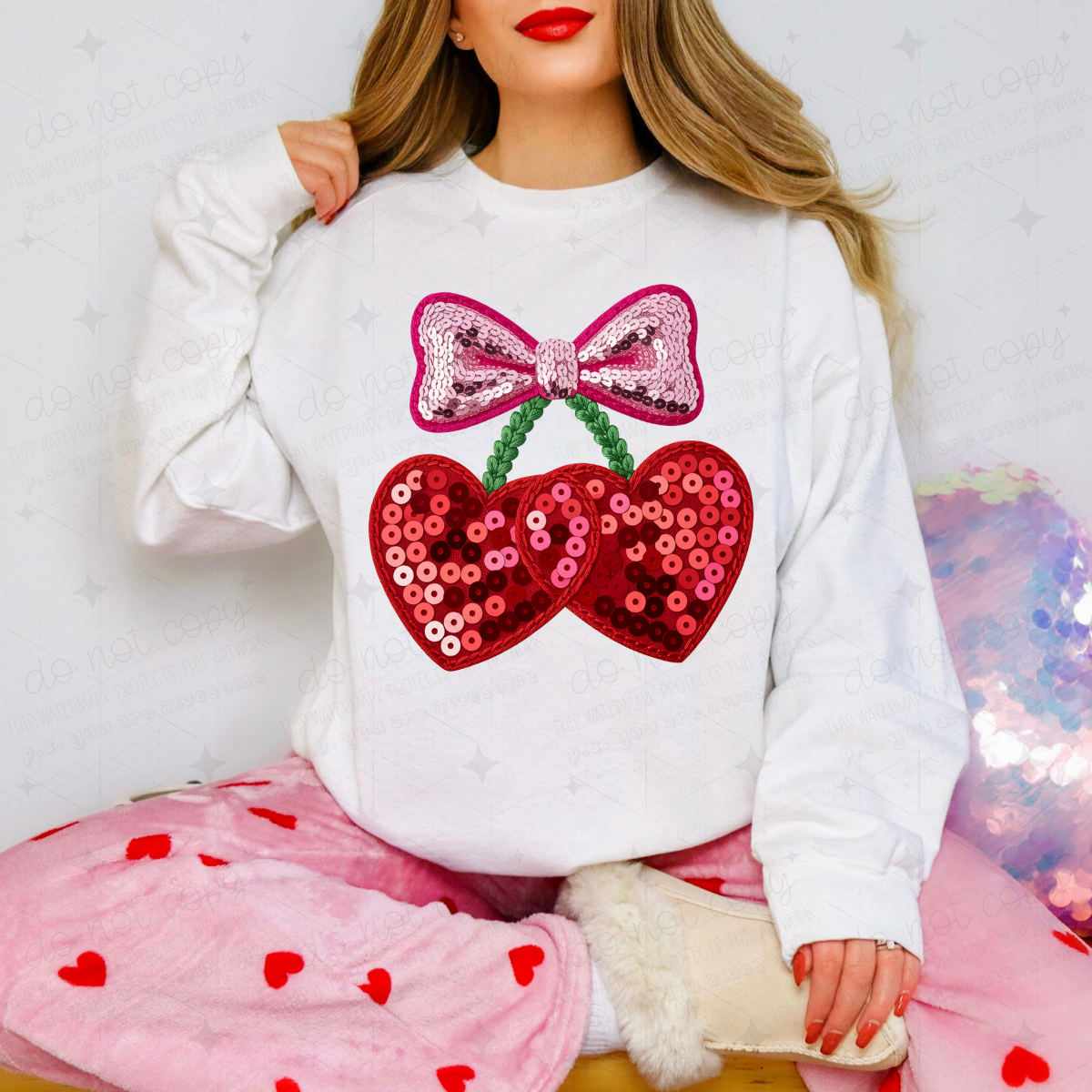 COQUETTE CHERRY HEARTS - FAUX SEQUIN - DTF TRANSFER
