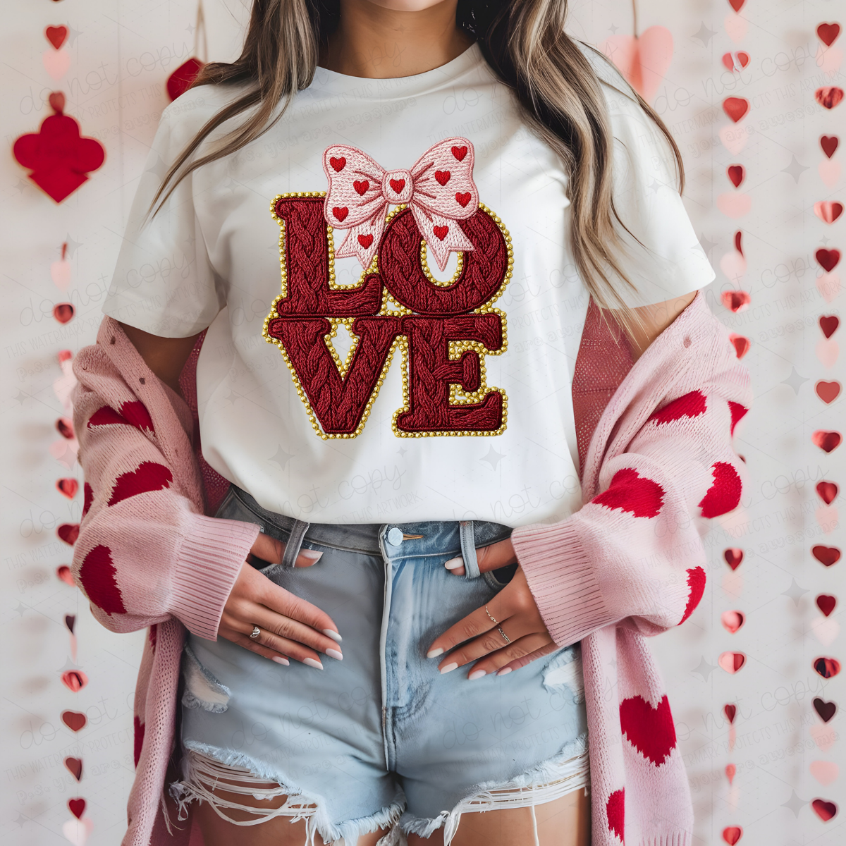 COQUETTE DARK COLORED LOVE WITH A HEART BOW - FAUX YARN - DTF TRANSFER