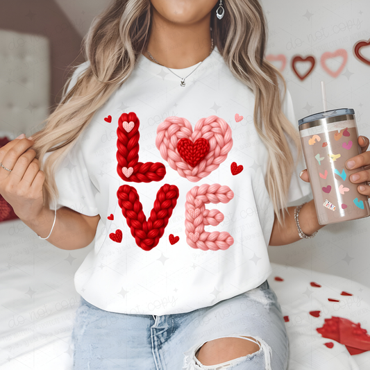 LOVE WITH A HEART - PINK AND RED - FAUX YARN - DTF TRANSFER