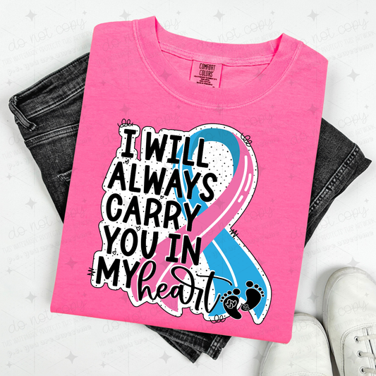 I WILL ALWAYS CARRY YOU IN MY HEART - PINK BLUE RIBBON WITH DOTTY BACKGROUND - DTF TRANSFER