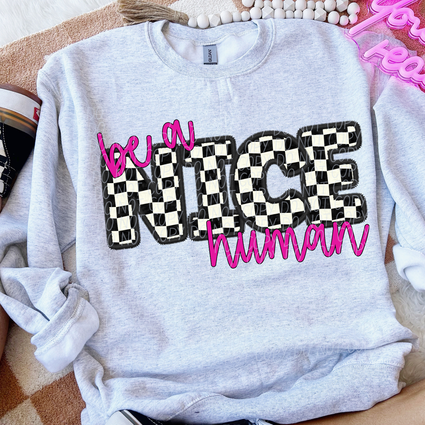BE A NICE HUMAN CHECKERED & PINK - FAUX EMBROIDERY - DTF TRANSFER