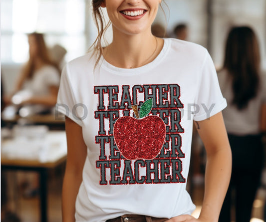 STACKED TEACHER WITH APPLE FAUX SEQUIN AND FAUX EMBROIDERY  - DTF TRANSFER