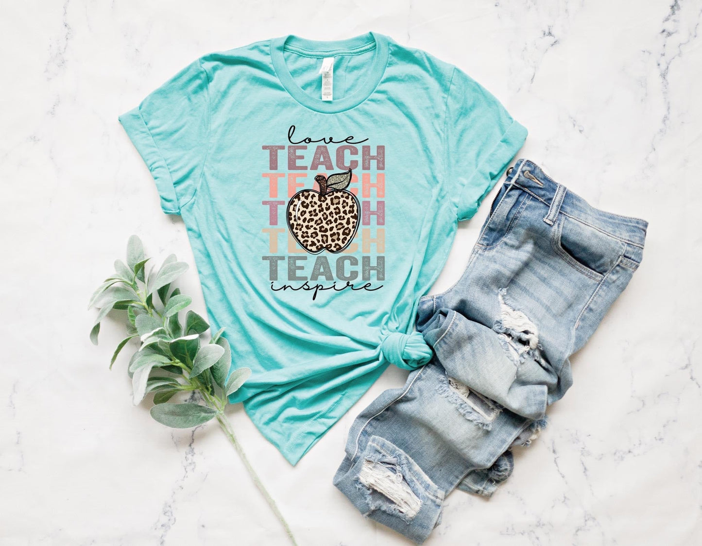 LOVE TEACH INSPIRE WITH LEOPARD APPLE STACKED  - DTF TRANSFER
