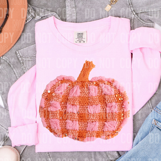 PINK ORANGE PLAID PUMPKIN FAUX YARN - DTF TRANSFER