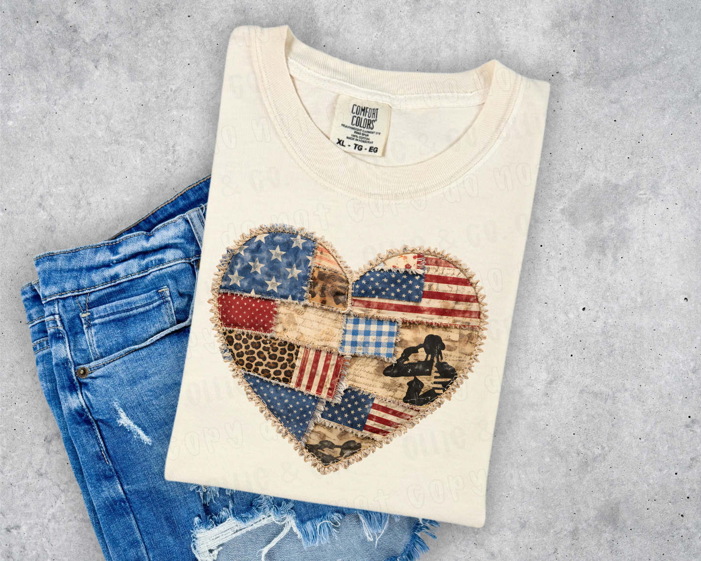 FAUX PATCHWORK HEART W/ MILITARY  - DTF TRANSFER