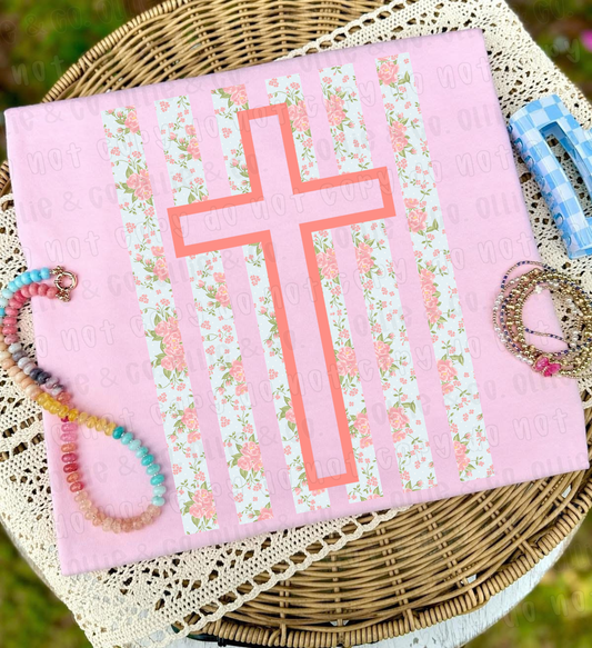 PEACH CROSS FLORAL STRIPES - DTF TRANSFER
