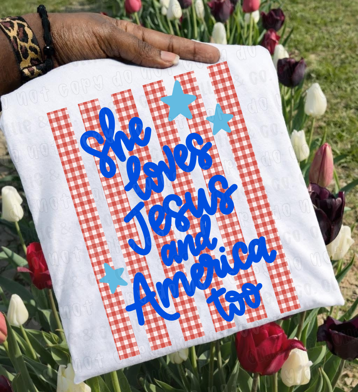 SHE LOVES JESUS AND AMERICA TOO RED PLAID - DTF TRANSFER